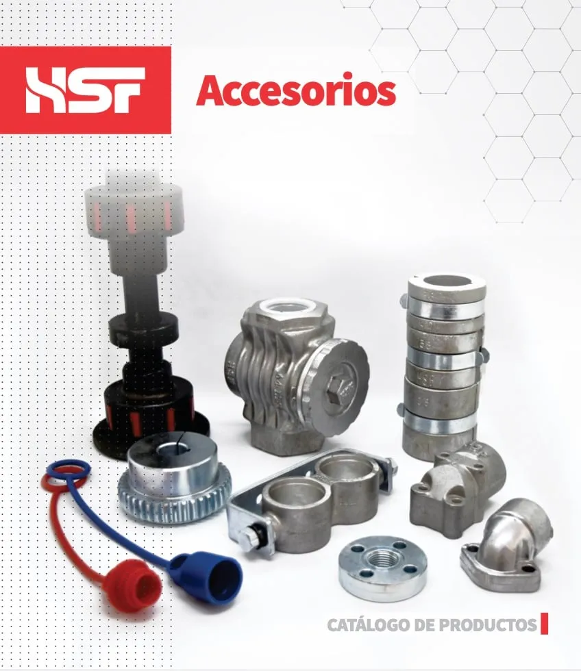 Portada del catálogo de accesorios de HSF: mazas, bridas, linternas y otros componentes para cilindros hidráulicos