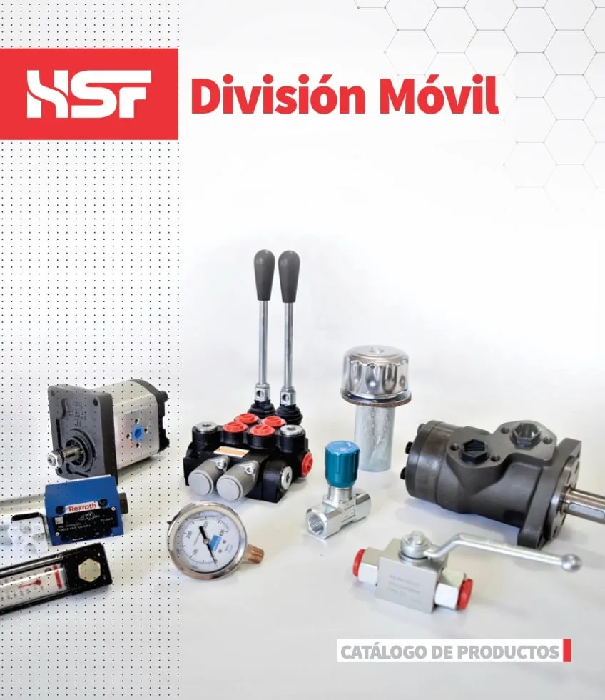 Portada del catálogo de División Móvil de HSF: válvula monoblock, motor orbital, bomba a engranajes, manómetro y filtro