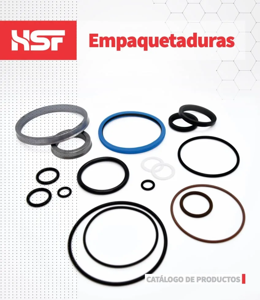 Portada del catálogo de empaquetaduras de HSF: o-rings, sellos y guarniciones de distintos colores y medidas