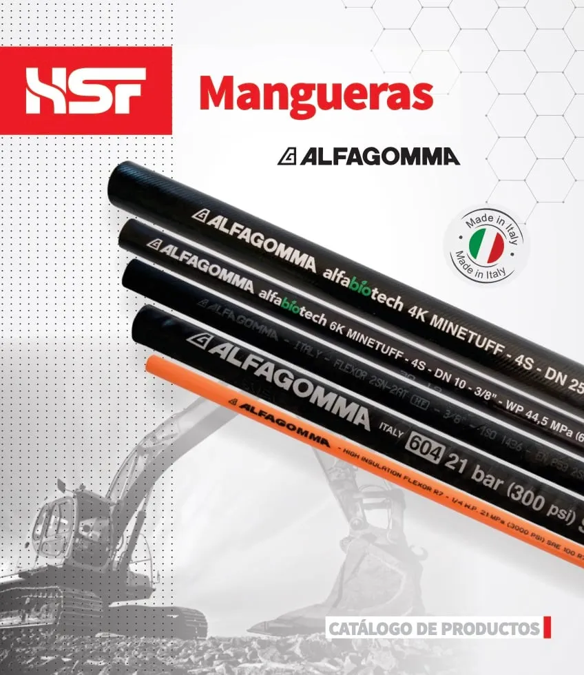 Portada del catálogo de mangueras Alfagomma de HSF: mangueras hidráulicas Alfagomma fabricadas en Italia