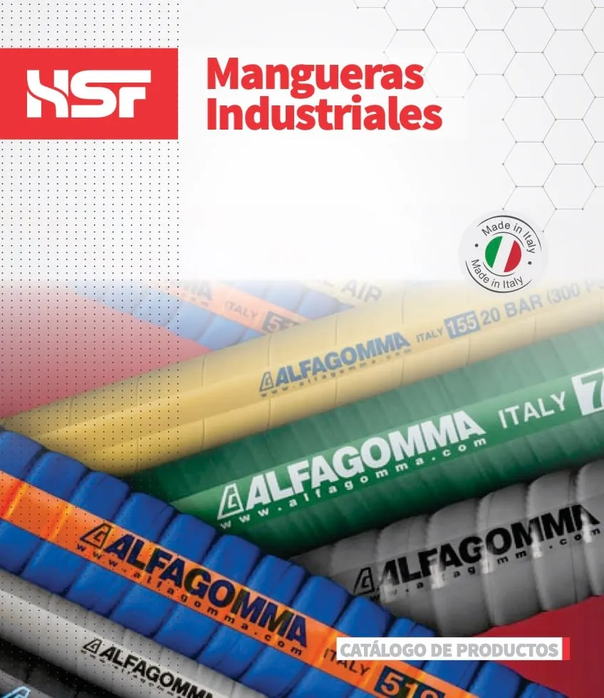 Portada del catálogo de mangueras industriales de HSF: mangueras Alfagomma de colores con espiral de refuerzo