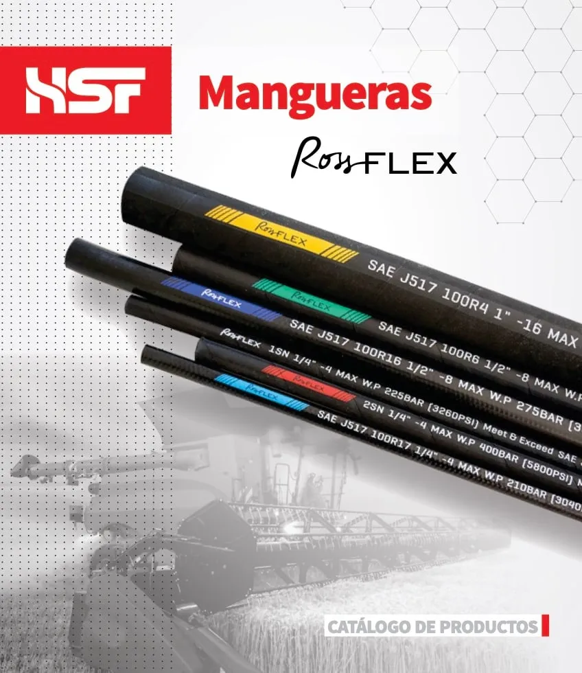 Portada del catálogo de mangueras Rossflex de HSF: mangueras hidráulicas negras con sus normas impresas
