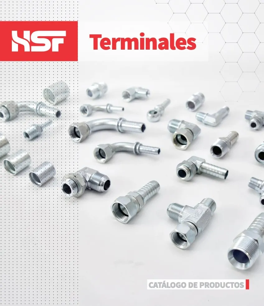 Portada del catálogo de terminales de HSF: terminales, codos y adaptadores hidráulicos zincados sobre fondo blanco